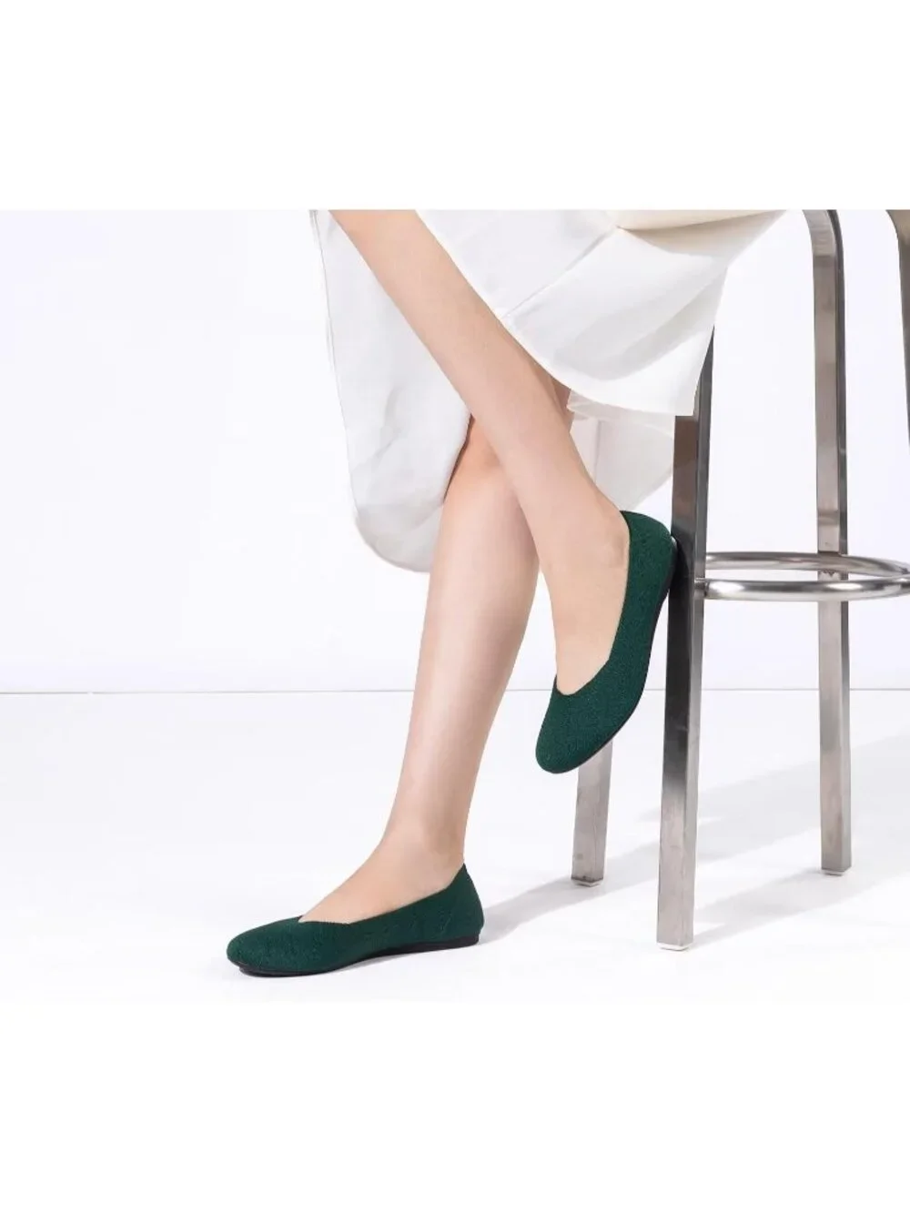 Women's Green Round Toe Knit Dress Low Wedge Slip On Ballerina Ballet Flat Shoes